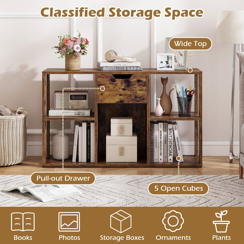 5-Cube Bookcase with Storage Drawer Freestanding Bookshelf Modern Display Rack-Rustic Brown