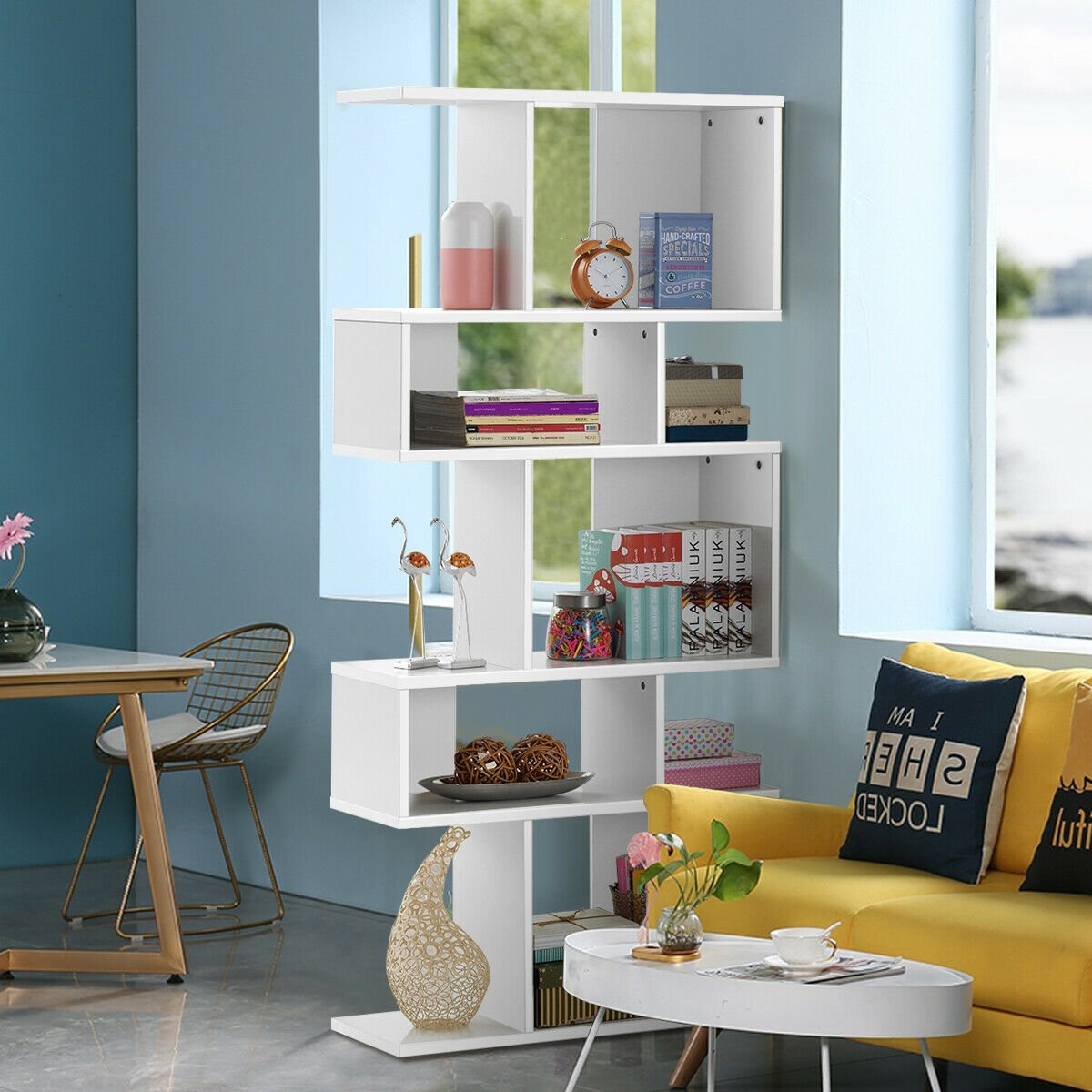 5 Cube Ladder Bookshelf and Corner Display Rack, White