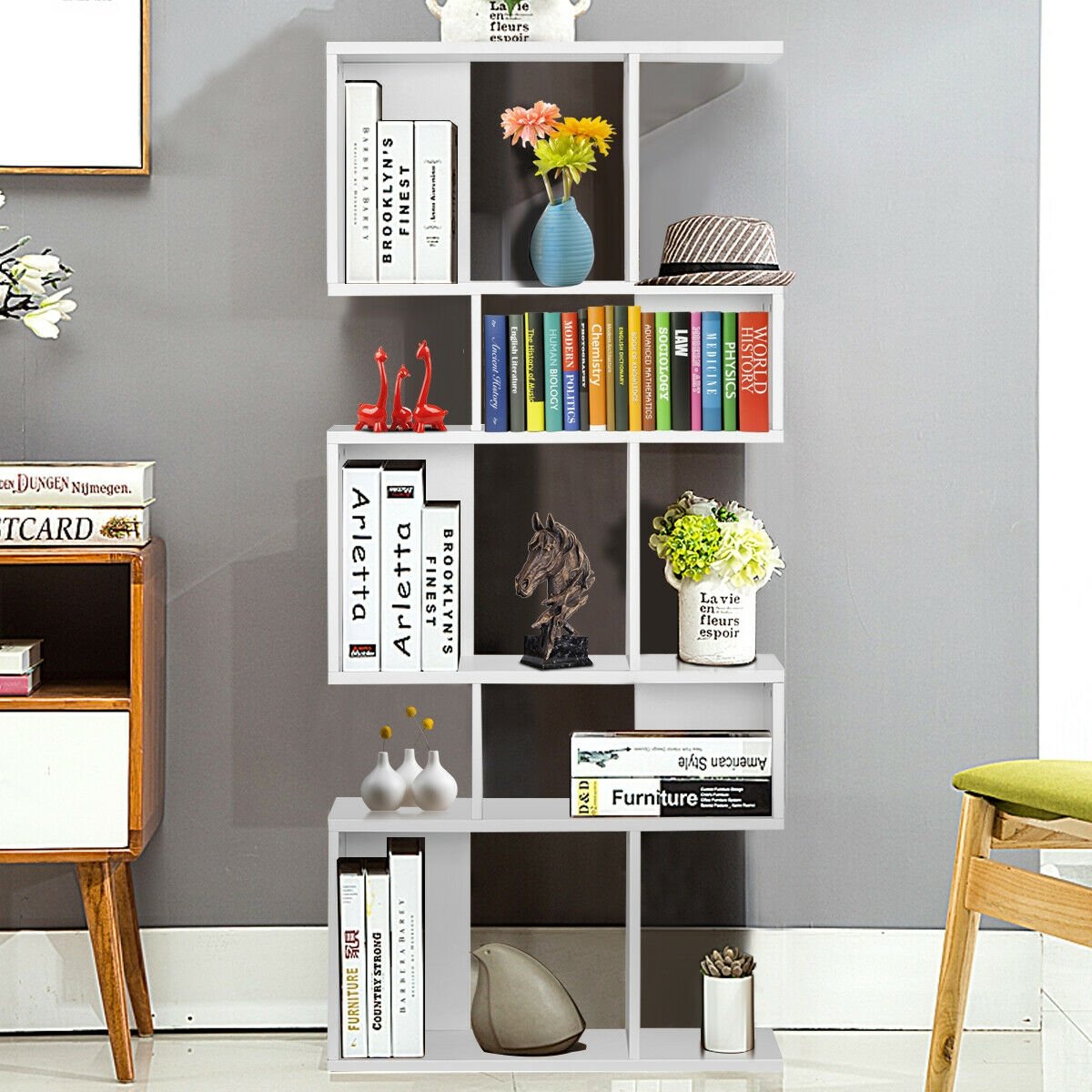 5 Cube Ladder Bookshelf and Corner Display Rack, White