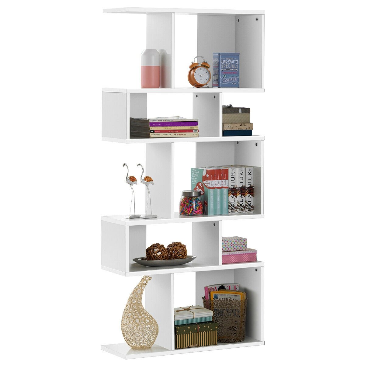5 Cube Ladder Bookshelf and Corner Display Rack, White