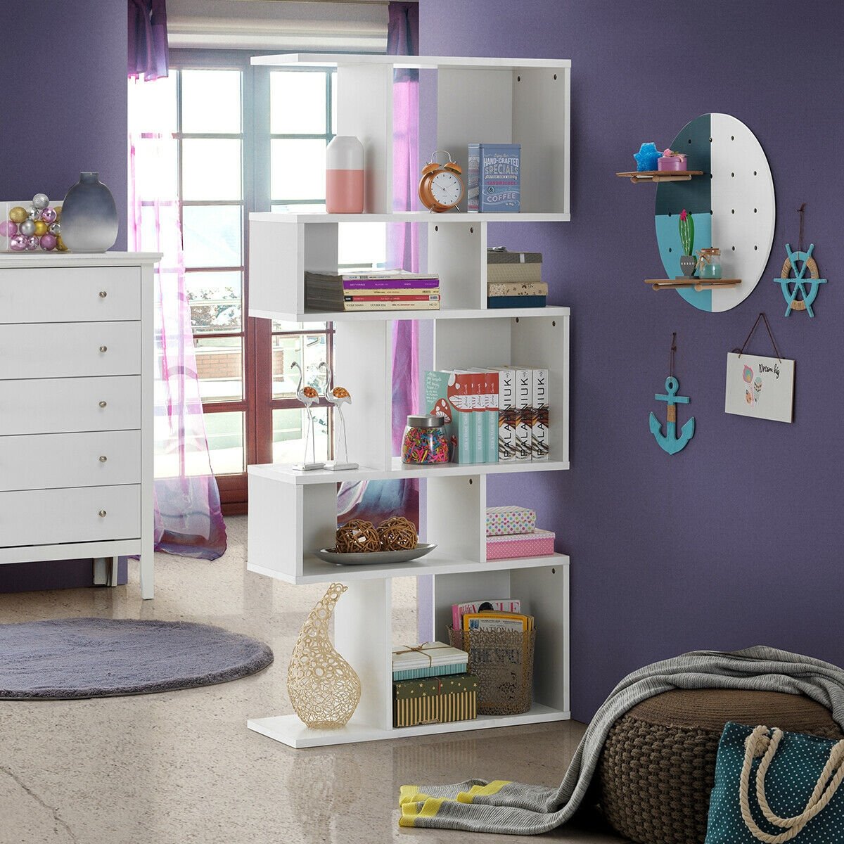 5 Cube Ladder Bookshelf and Corner Display Rack, White