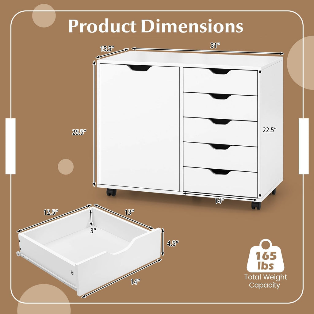 5-Drawer Dresser Chest Mobile Storage Cabinet with Door-White