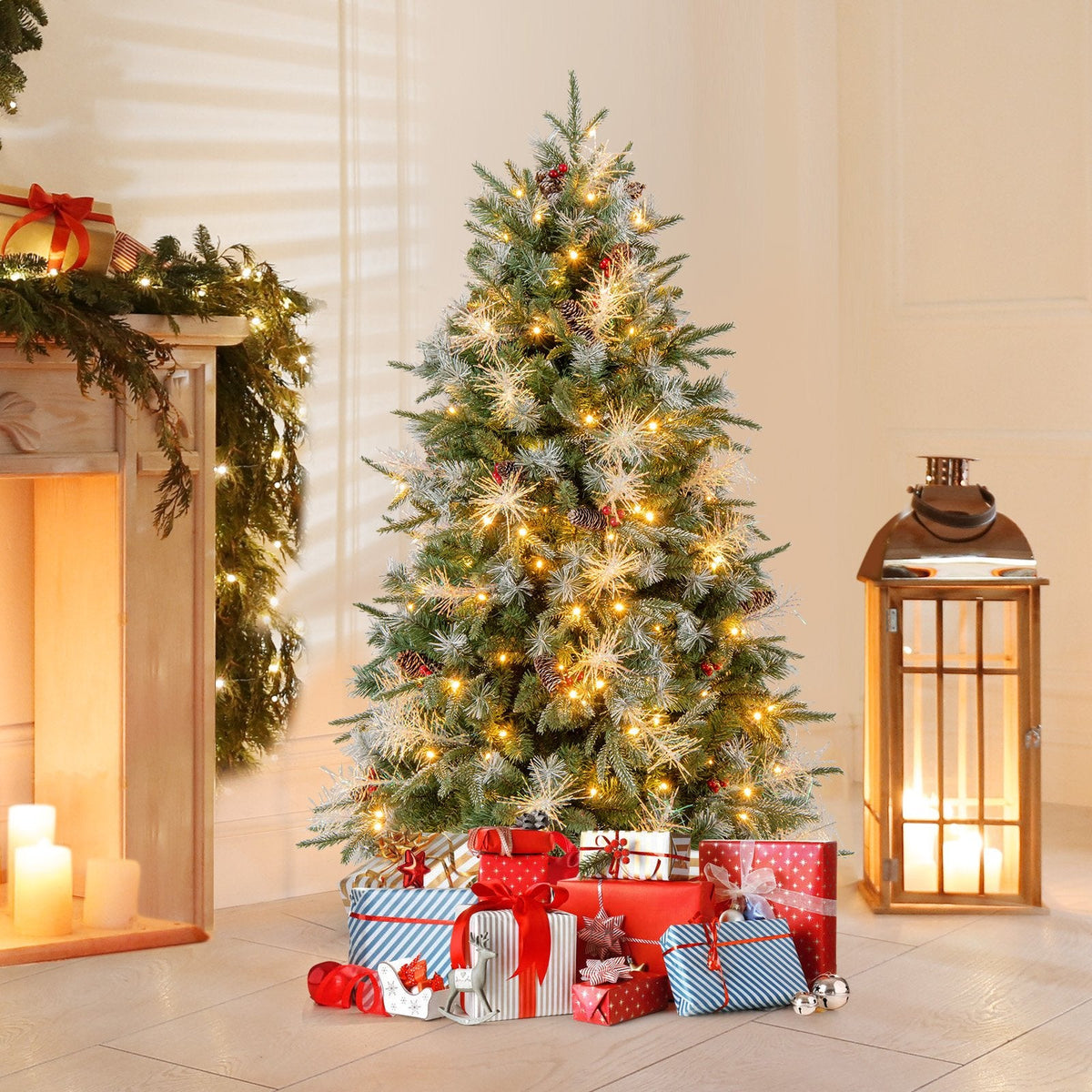 5 FT Pre-Lit Christmas Tree with 602 Tips in Three Leaf Types, 26 Pine Cones and 26 Berry Clusters