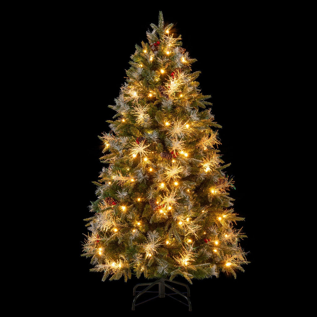 5 FT Pre-Lit Christmas Tree with 602 Tips in Three Leaf Types, 26 Pine Cones and 26 Berry Clusters