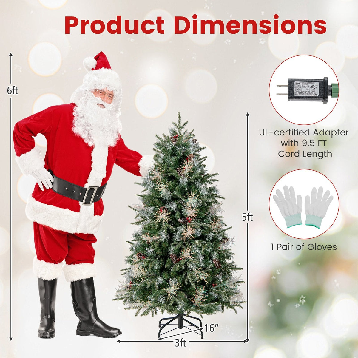5 FT Pre-Lit Christmas Tree with 602 Tips in Three Leaf Types, 26 Pine Cones and 26 Berry Clusters