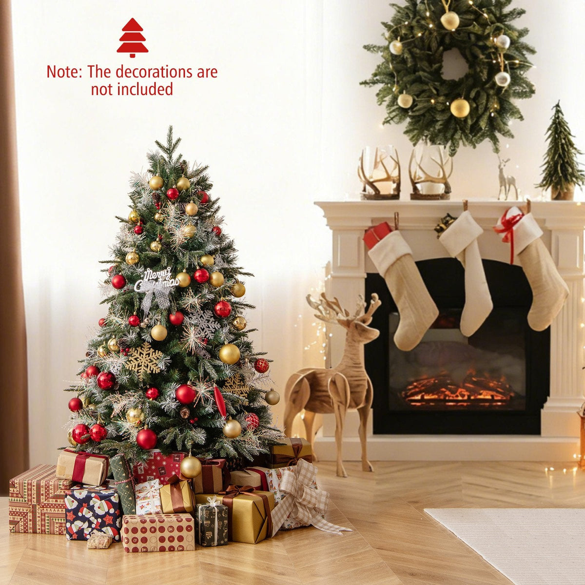 5 FT Pre-Lit Christmas Tree with 602 Tips in Three Leaf Types, 26 Pine Cones and 26 Berry Clusters