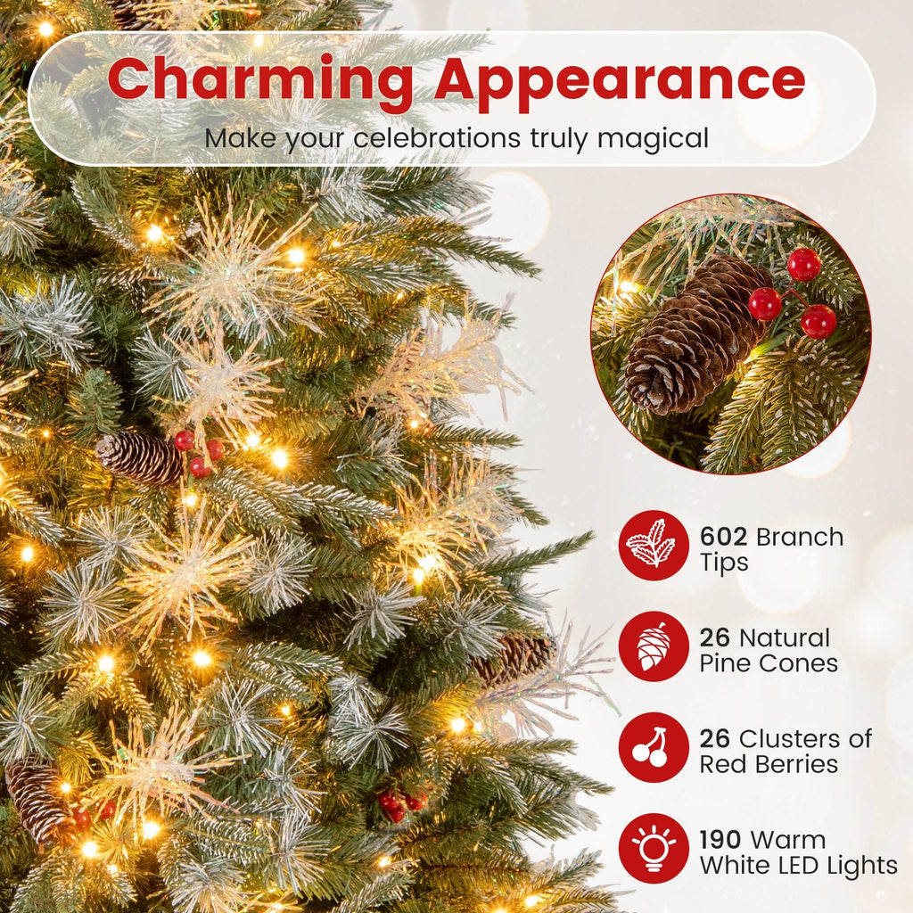 5 FT Pre-Lit Christmas Tree with 602 Tips in Three Leaf Types, 26 Pine Cones and 26 Berry Clusters