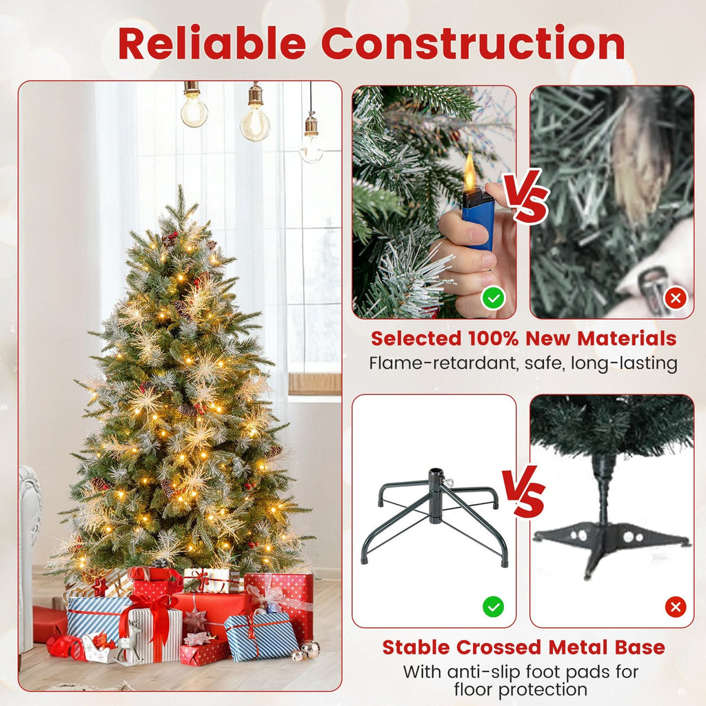 5 FT Pre-Lit Christmas Tree with 602 Tips in Three Leaf Types, 26 Pine Cones and 26 Berry Clusters