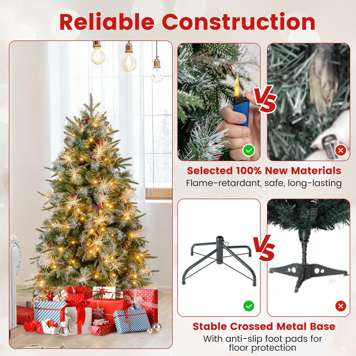 5 FT Pre-Lit Christmas Tree with 602 Tips in Three Leaf Types, 26 Pine Cones and 26 Berry Clusters