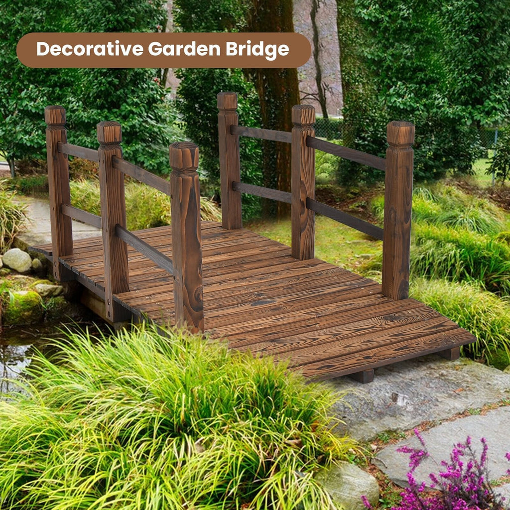 5 Feet Wooden Garden Bridge with Safety Rails-Brown