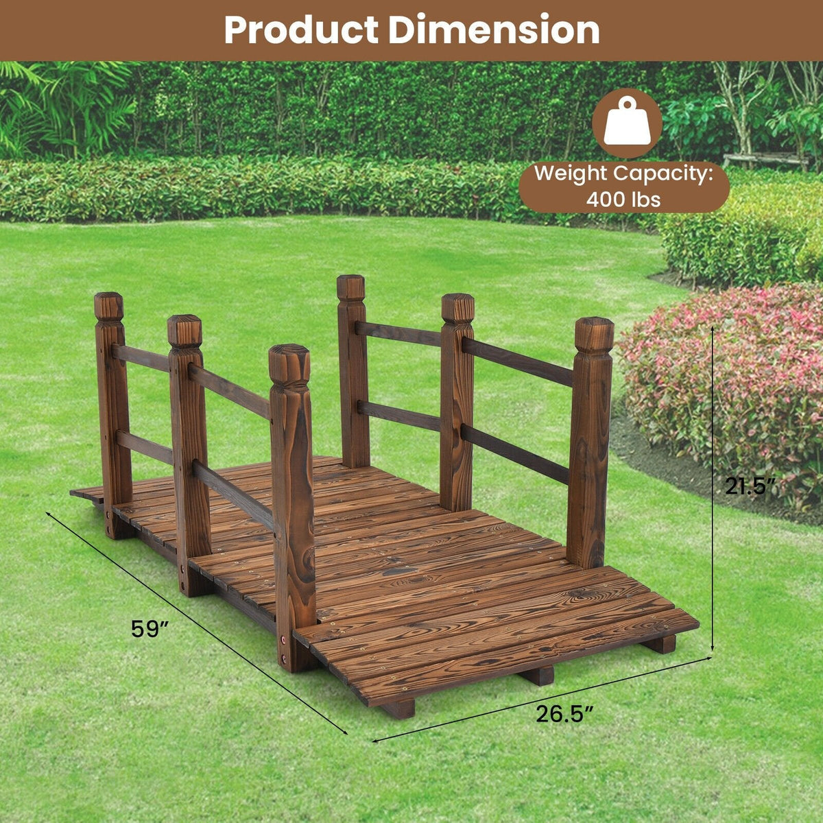 5 Feet Wooden Garden Bridge with Safety Rails-Brown