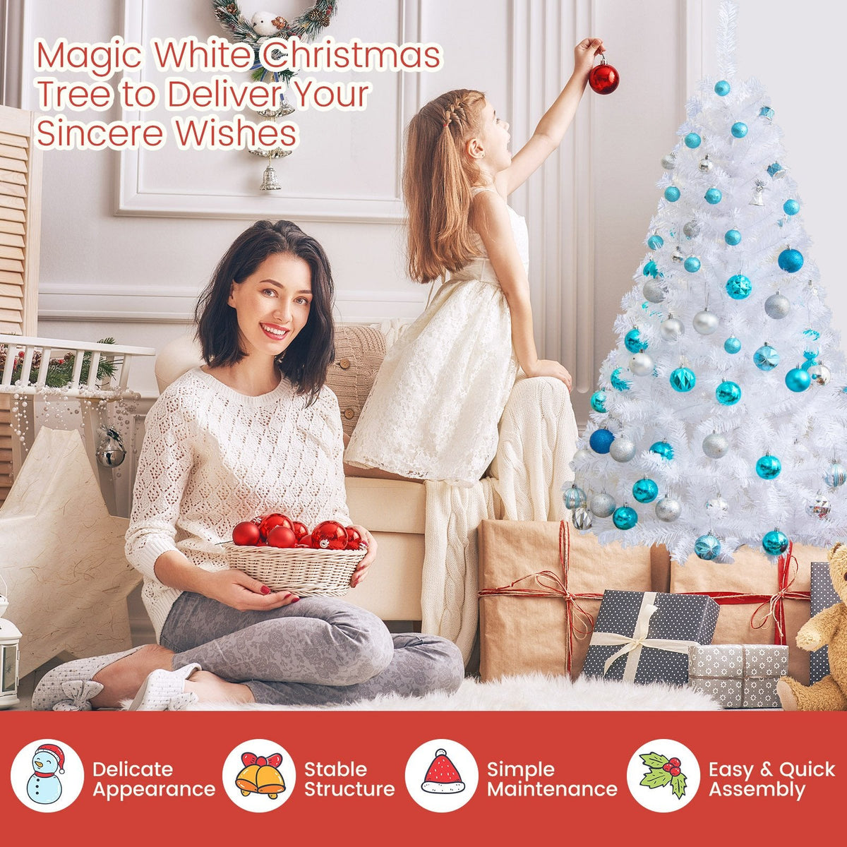 5 FT White Artificial Christmas Tree with 350 Branch Tips and Solid Metal Stand