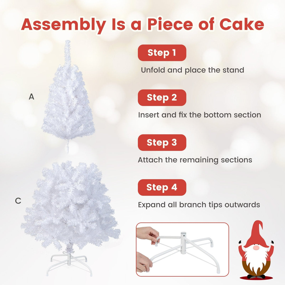 5 FT White Artificial Christmas Tree with 350 Branch Tips and Solid Metal Stand