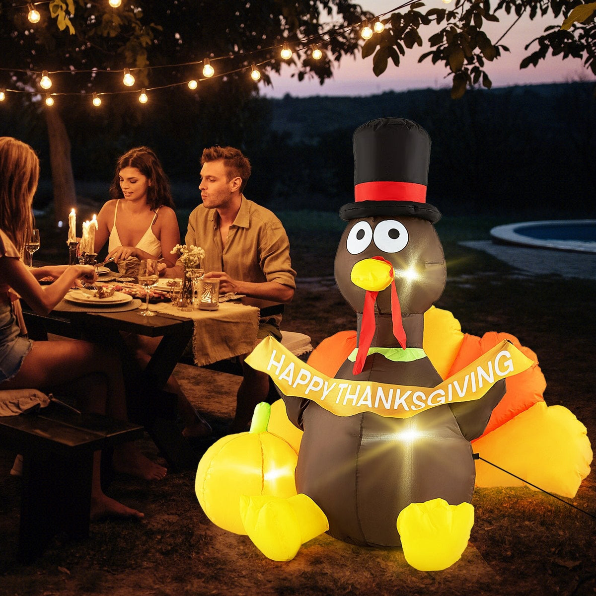 5 FT Inflatable Turkey with Pumpkin and LED Lights for Indoor Party