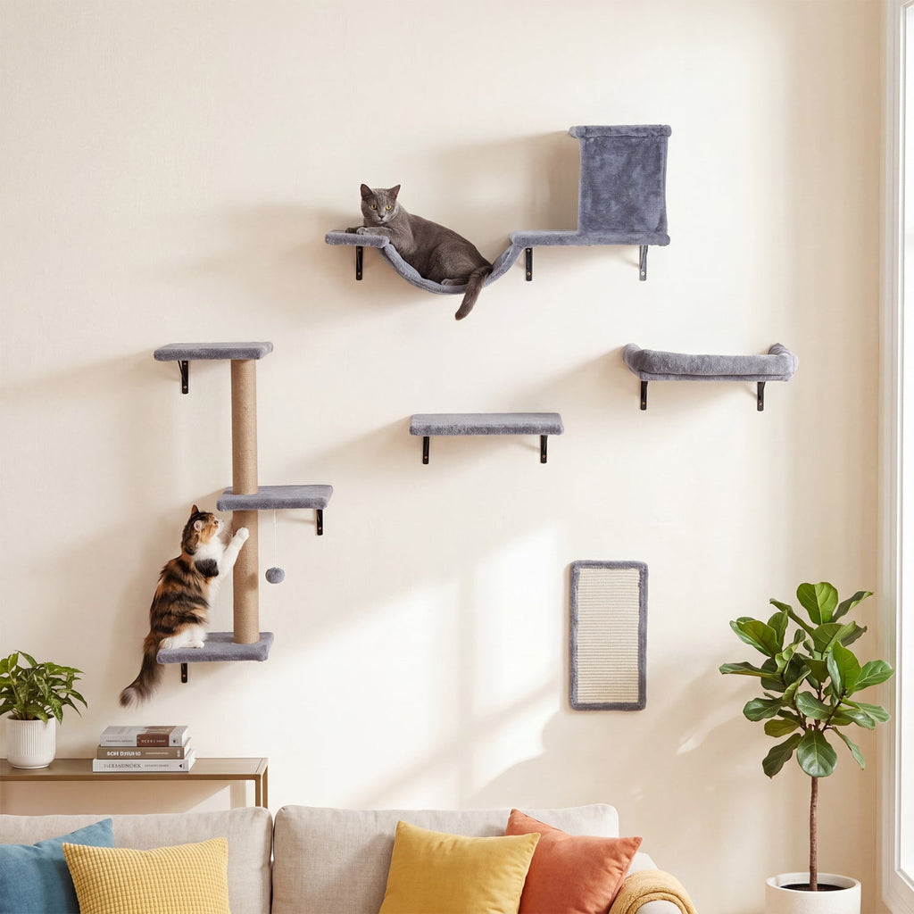 5 in 1 Cat Wall Shelf Set with Condo, Bridge, Perch, Scratching Post and Sisal Board, Gray