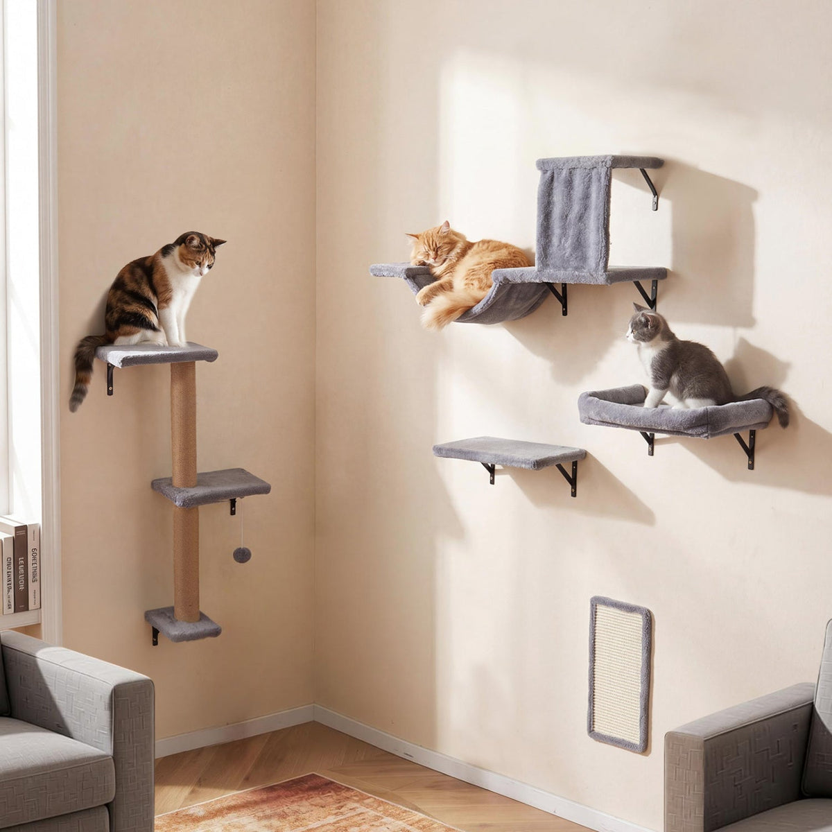 5 in 1 Cat Wall Shelf Set with Condo, Bridge, Perch, Scratching Post and Sisal Board, Gray