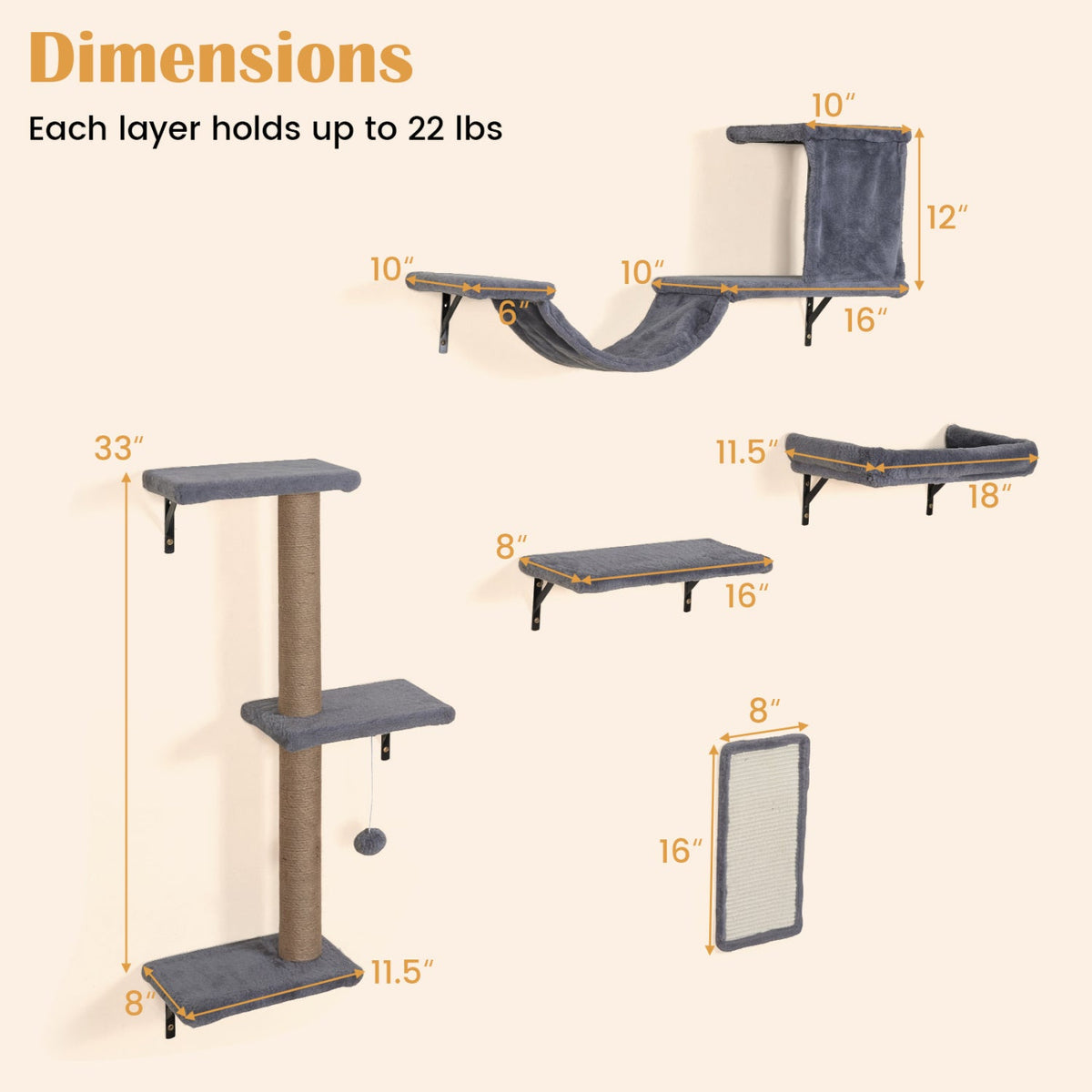 5 in 1 Cat Wall Shelf Set with Condo, Bridge, Perch, Scratching Post and Sisal Board, Gray