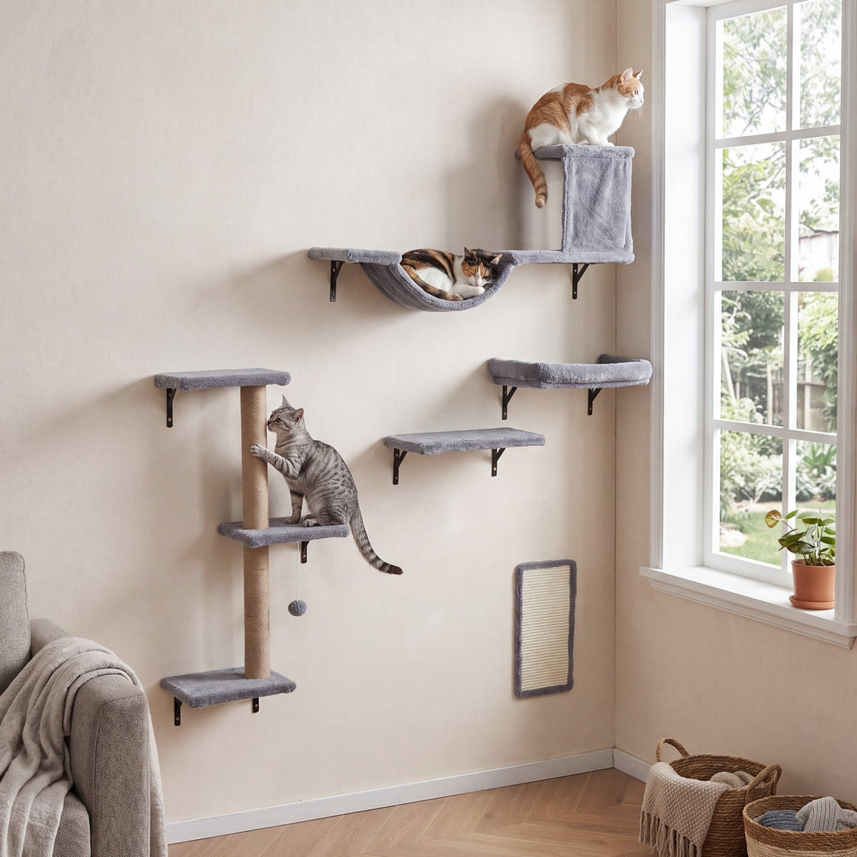 5 in 1 Cat Wall Shelf Set with Condo, Bridge, Perch, Scratching Post and Sisal Board, Gray