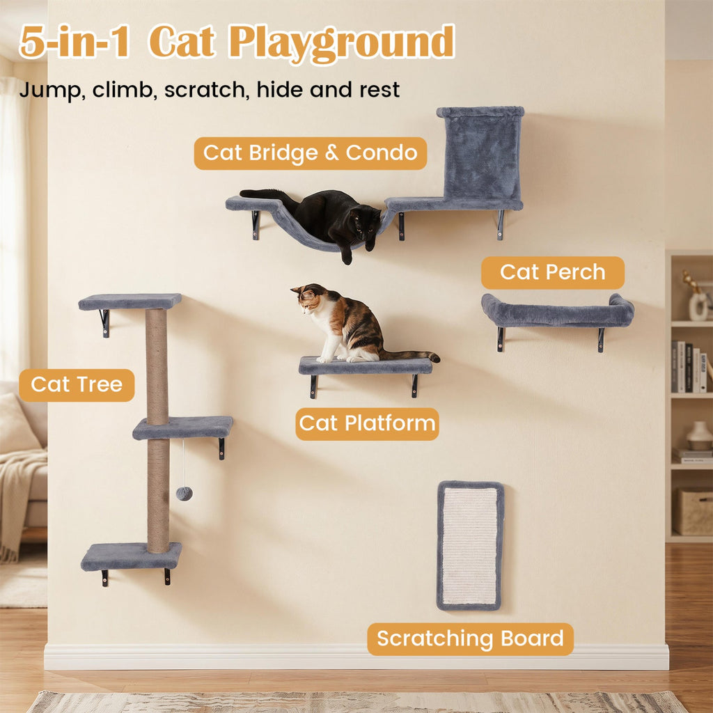 5 in 1 Cat Wall Shelf Set with Condo, Bridge, Perch, Scratching Post and Sisal Board, Gray