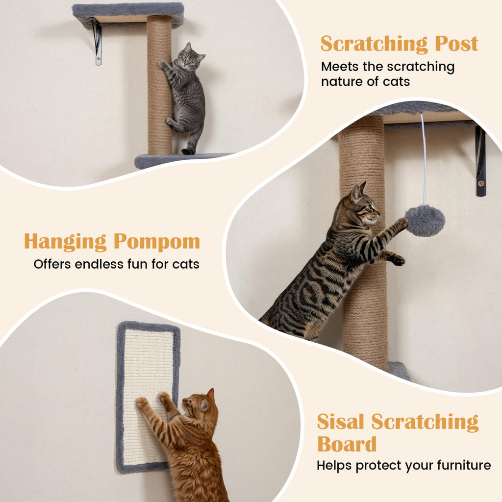 5 in 1 Cat Wall Shelf Set with Condo, Bridge, Perch, Scratching Post and Sisal Board, Gray