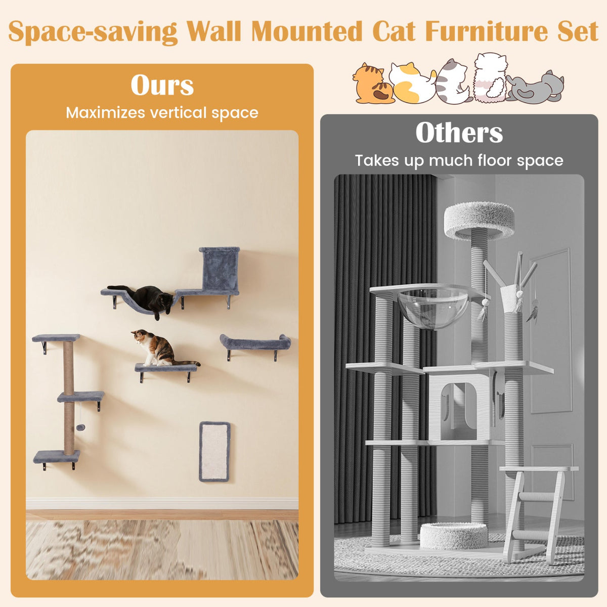 5 in 1 Cat Wall Shelf Set with Condo, Bridge, Perch, Scratching Post and Sisal Board, Gray