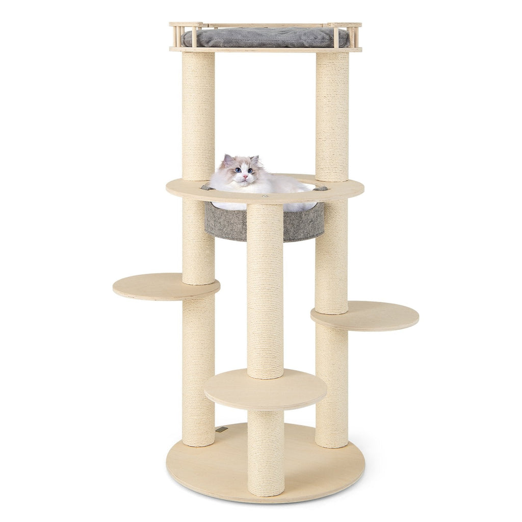 59 Inch Wooden Cat Tree with Pine Fence Perch, Non Woven Hammock and 4.4 Inch Sisal Posts, Gray