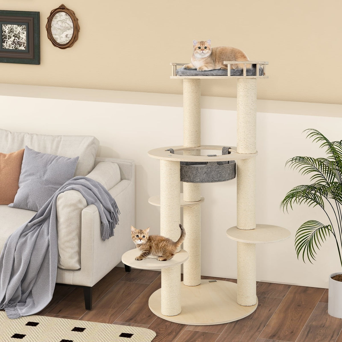59 Inch Wooden Cat Tree with Pine Fence Perch, Non Woven Hammock and 4.4 Inch Sisal Posts, Gray