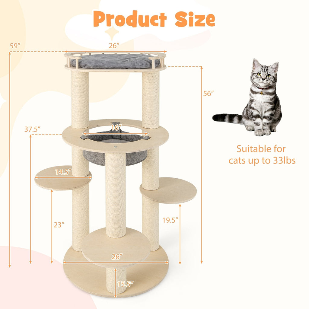 59 Inch Wooden Cat Tree with Pine Fence Perch, Non Woven Hammock and 4.4 Inch Sisal Posts, Gray