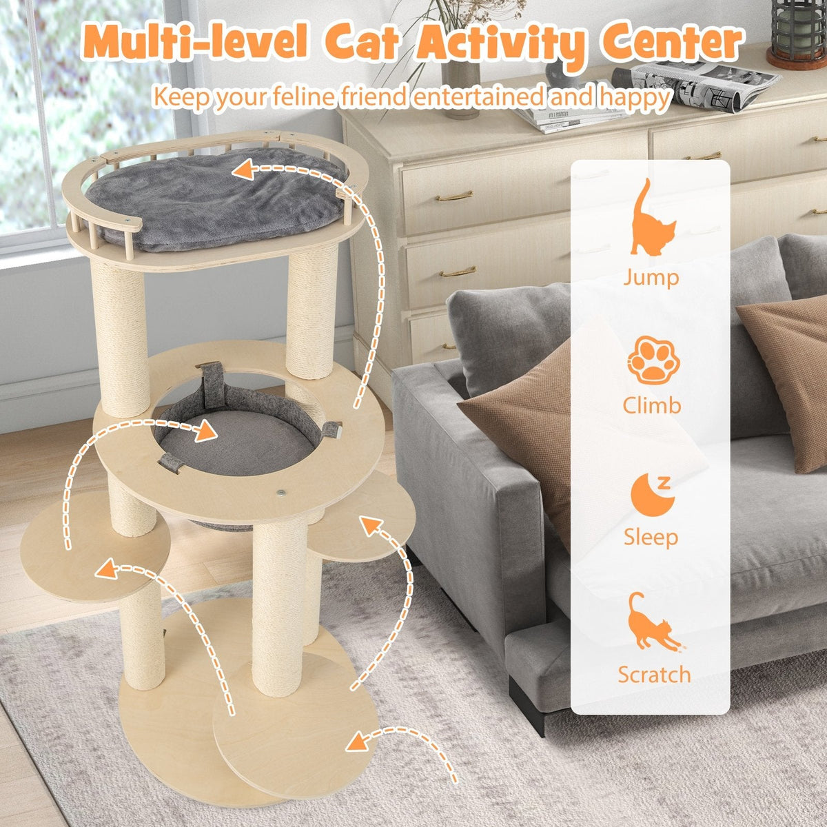 59 Inch Wooden Cat Tree with Pine Fence Perch, Non Woven Hammock and 4.4 Inch Sisal Posts, Gray