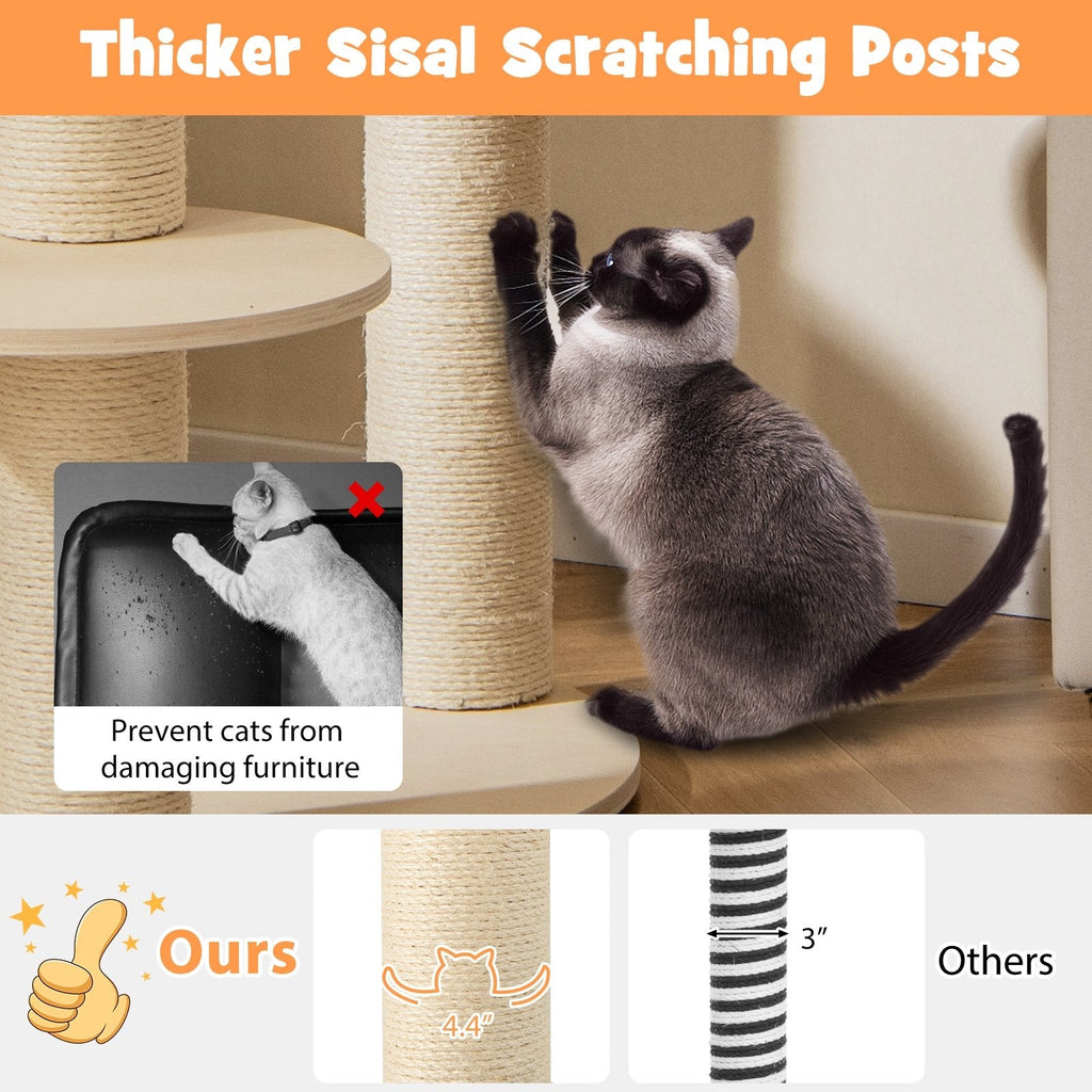 59 Inch Wooden Cat Tree with Pine Fence Perch, Non Woven Hammock and 4.4 Inch Sisal Posts, Gray