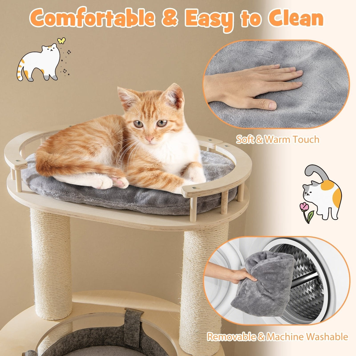 59 Inch Wooden Cat Tree with Pine Fence Perch, Non Woven Hammock and 4.4 Inch Sisal Posts, Gray