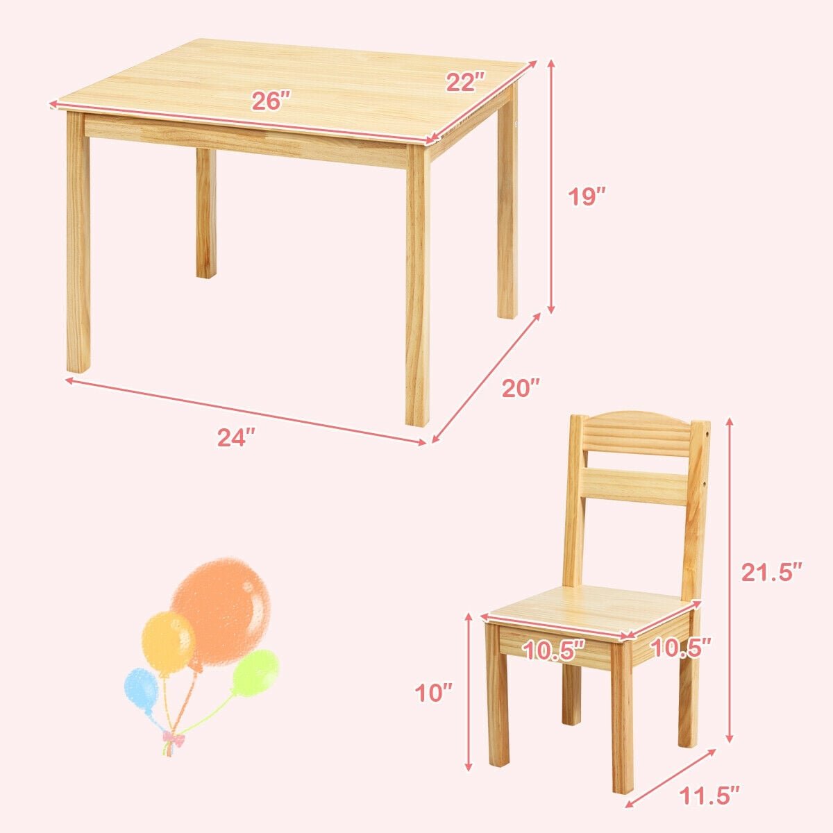 5 Piece Kids Table and 4 Chair Set, Natural Solid Pine
