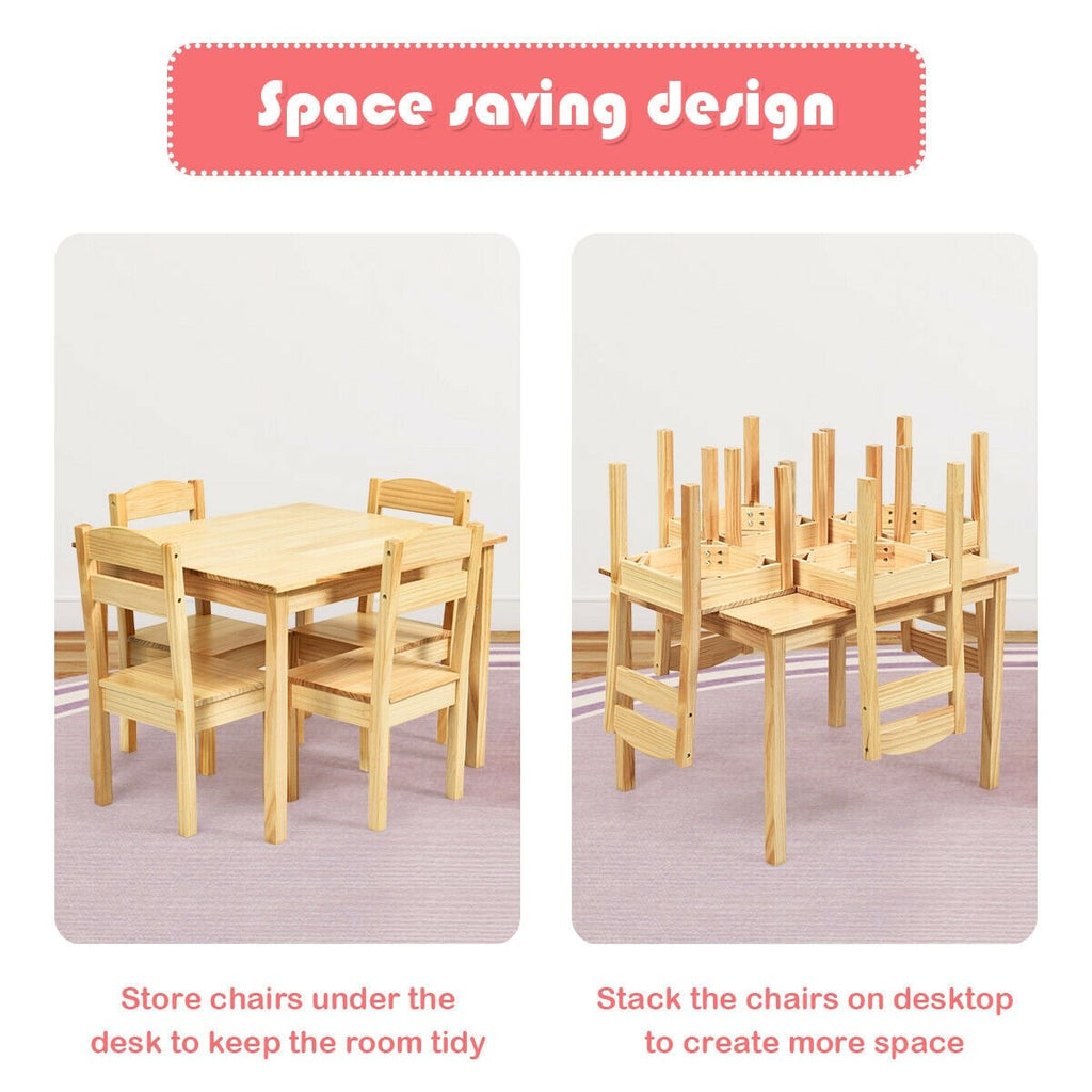 5 Piece Kids Table and 4 Chair Set, Natural Solid Pine