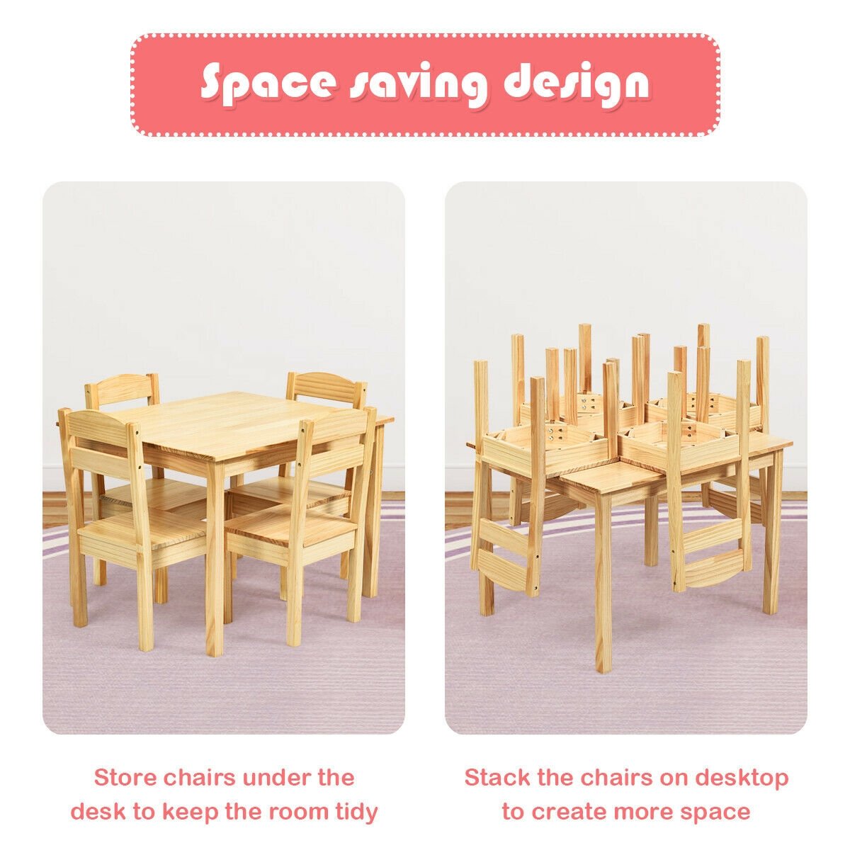 5 Piece Kids Table and 4 Chair Set, Natural Solid Pine