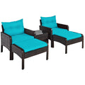 5 Piece Patio Wicker Set with 2 Armchairs, 2 Ottomans and 18 in Glass Topped Coffee Table, 4 in Turquoise Cushions
