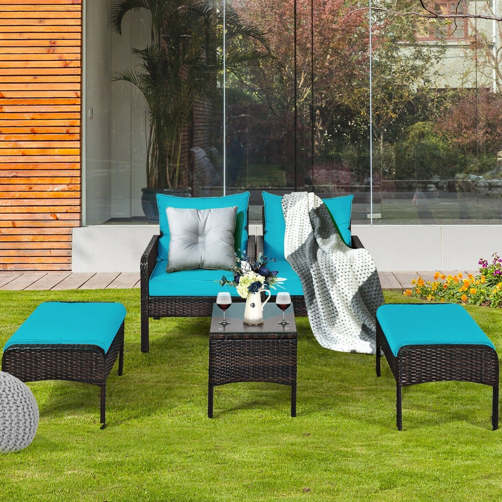 5 Piece Patio Wicker Set with 2 Armchairs, 2 Ottomans and 18 in Glass Topped Coffee Table, 4 in Turquoise Cushions