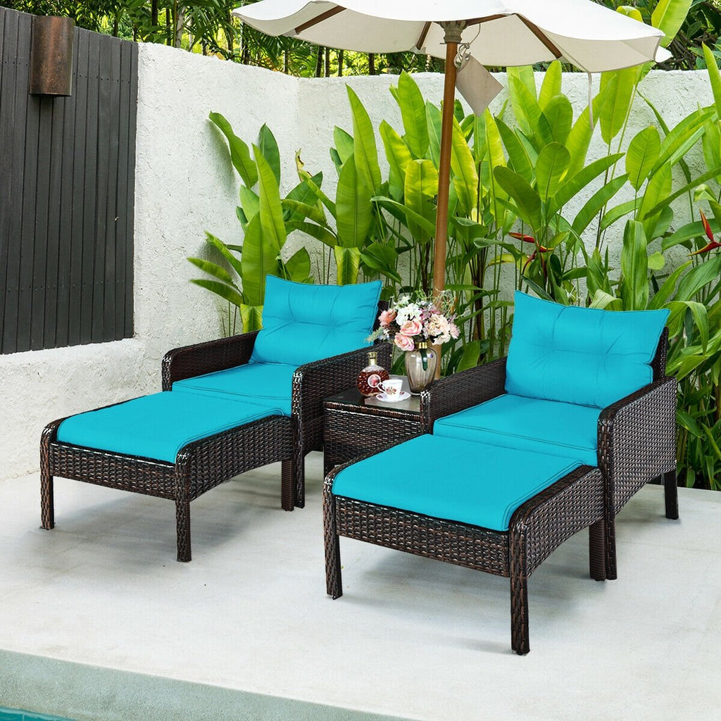 5 Piece Patio Wicker Set with 2 Armchairs, 2 Ottomans and 18 in Glass Topped Coffee Table, 4 in Turquoise Cushions