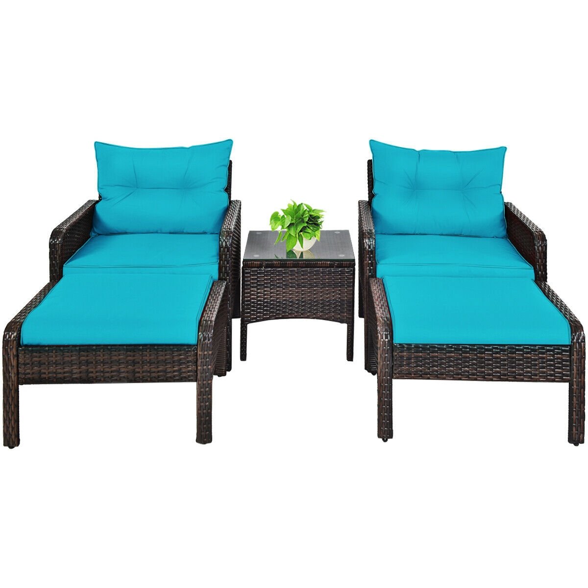 5 Piece Patio Wicker Set with 2 Armchairs, 2 Ottomans and 18 in Glass Topped Coffee Table, 4 in Turquoise Cushions