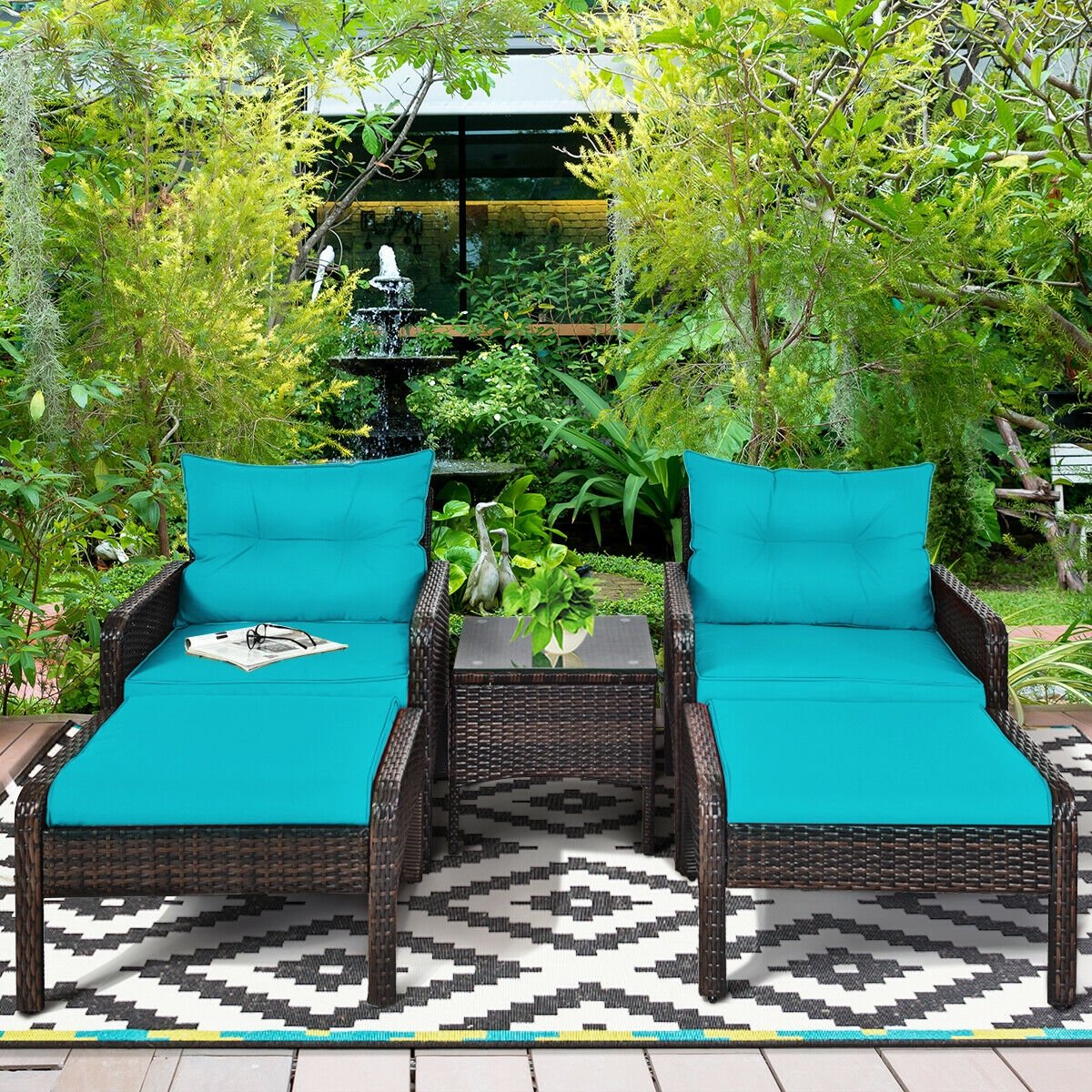 5 Piece Patio Wicker Set with 2 Armchairs, 2 Ottomans and 18 in Glass Topped Coffee Table, 4 in Turquoise Cushions