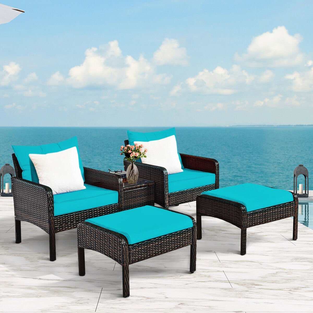 5 Piece Patio Wicker Set with 2 Armchairs, 2 Ottomans and 18 in Glass Topped Coffee Table, 4 in Turquoise Cushions