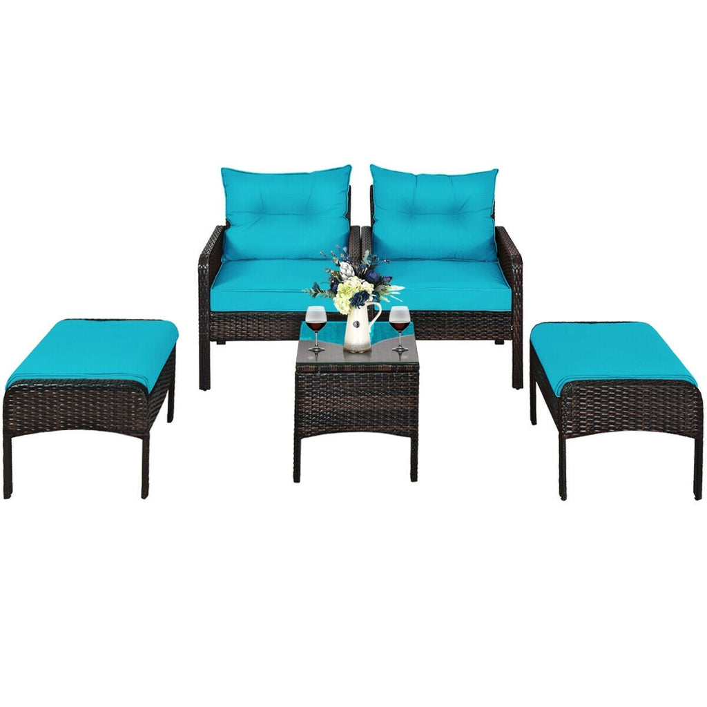 5 Piece Patio Wicker Set with 2 Armchairs, 2 Ottomans and 18 in Glass Topped Coffee Table, 4 in Turquoise Cushions