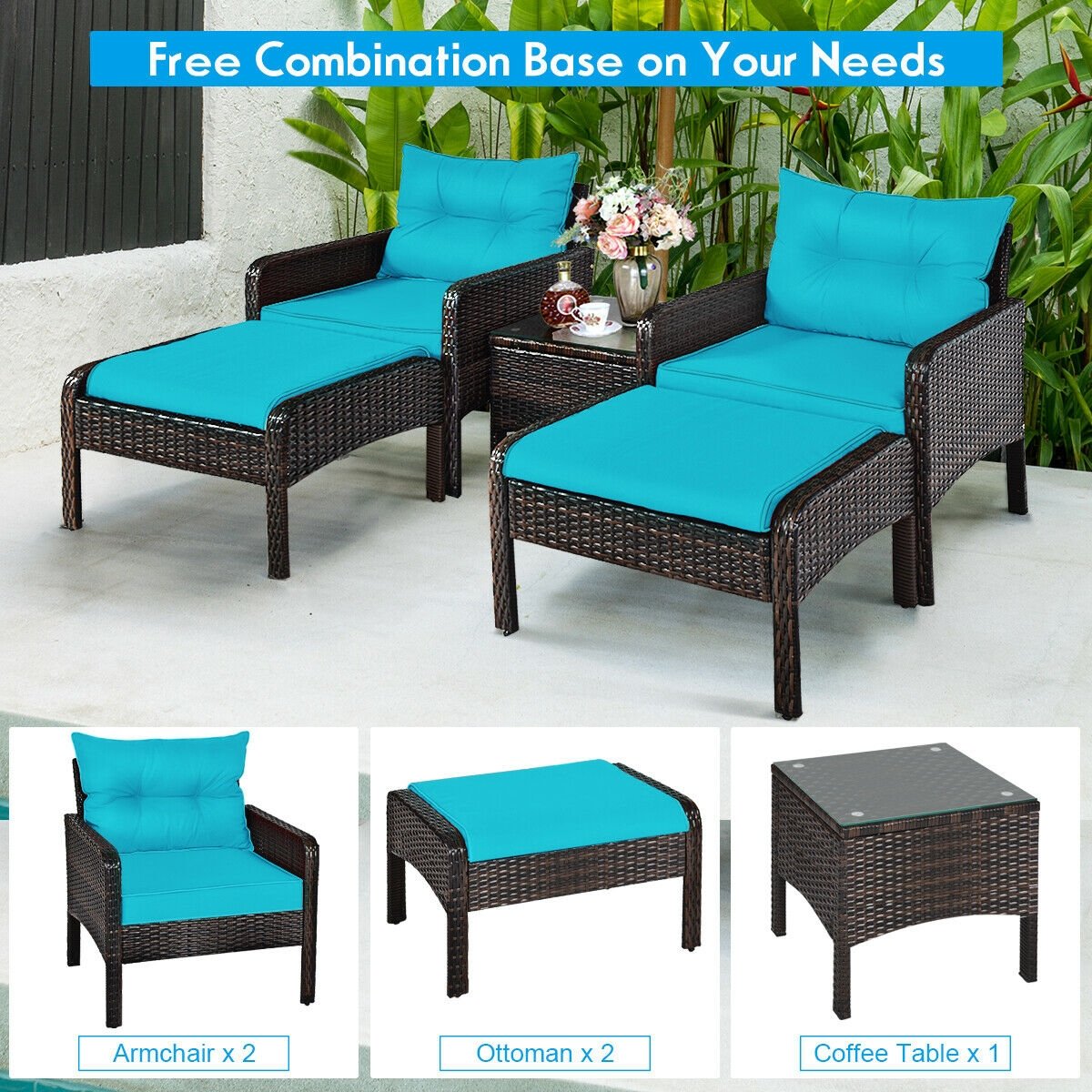 5 Piece Patio Wicker Set with 2 Armchairs, 2 Ottomans and 18 in Glass Topped Coffee Table, 4 in Turquoise Cushions