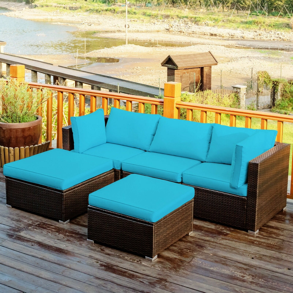 5 Piece Rattan Patio Sectional with Two Ottomans, 2 Corner Sofas and Armless Seat, Turquoise Cushions