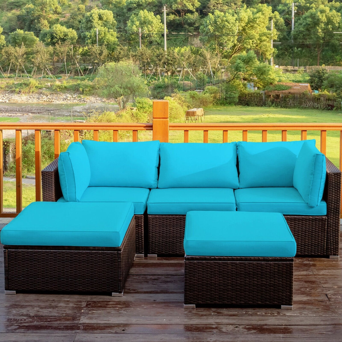 5 Piece Rattan Patio Sectional with Two Ottomans, 2 Corner Sofas and Armless Seat, Turquoise Cushions