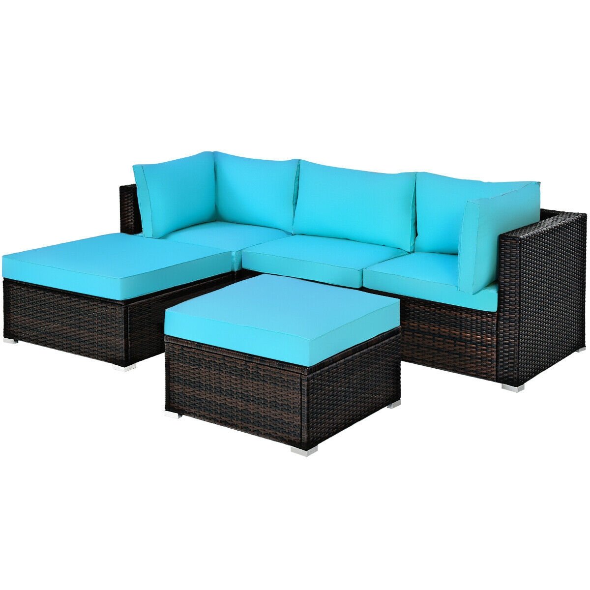 5 Piece Rattan Patio Sectional with Two Ottomans, 2 Corner Sofas and Armless Seat, Turquoise Cushions