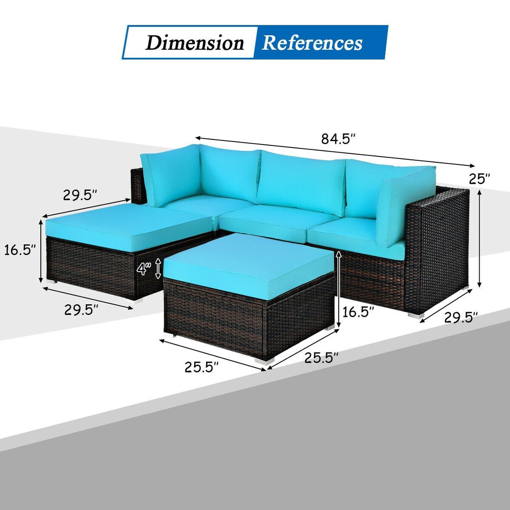5 Piece Rattan Patio Sectional with Two Ottomans, 2 Corner Sofas and Armless Seat, Turquoise Cushions
