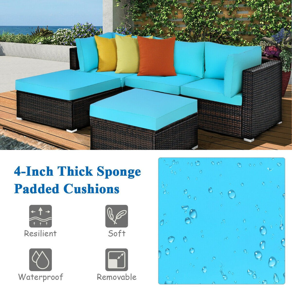 5 Piece Rattan Patio Sectional with Two Ottomans, 2 Corner Sofas and Armless Seat, Turquoise Cushions