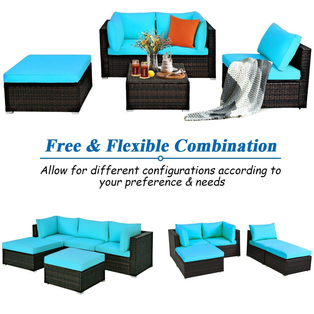 5 Piece Rattan Patio Sectional with Two Ottomans, 2 Corner Sofas and Armless Seat, Turquoise Cushions