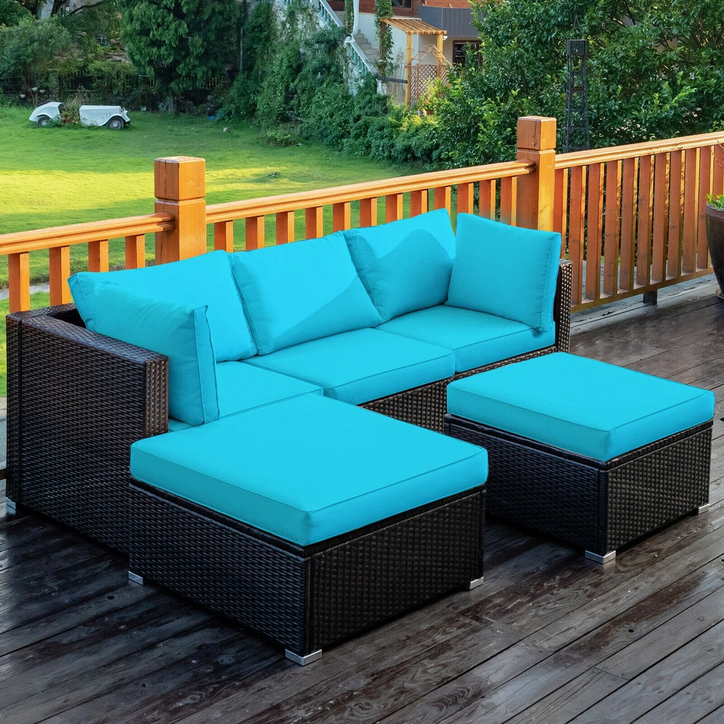 5 Piece Rattan Patio Sectional with Two Ottomans, 2 Corner Sofas and Armless Seat, Turquoise Cushions