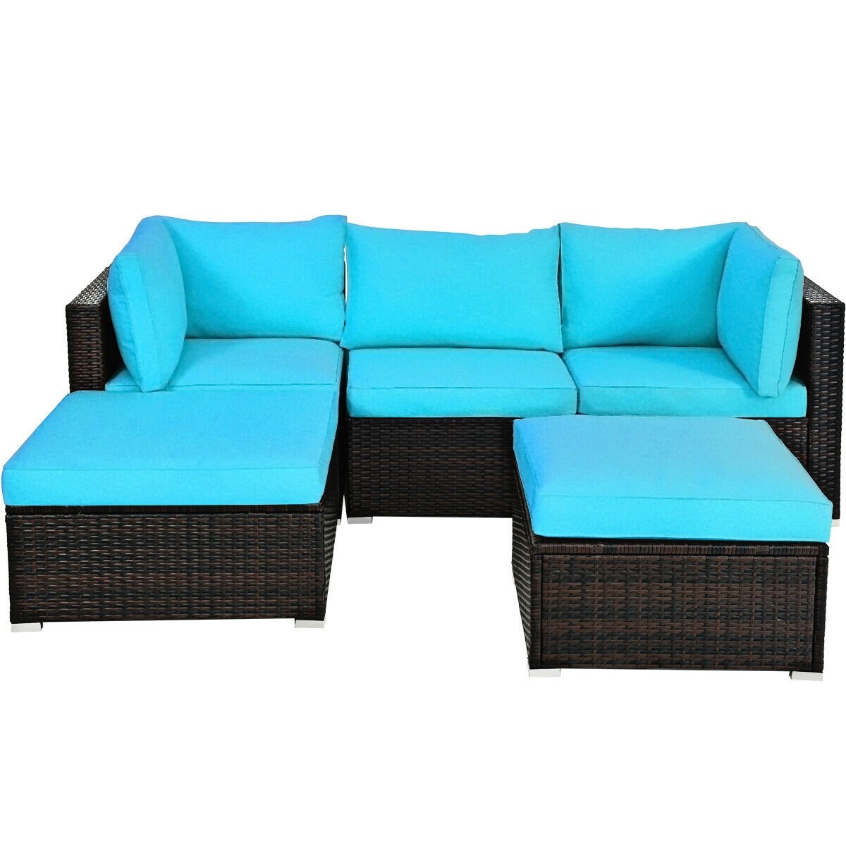 5 Piece Rattan Patio Sectional with Two Ottomans, 2 Corner Sofas and Armless Seat, Turquoise Cushions